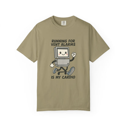 Funny Respiratory Graphic Tee: 'Running for Vent Alarms is My Cardio' T-shirt, Unisex Casual Wear, Gift for Programmers, Tech Workers, Humor Shirt