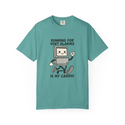 Funny Respiratory Graphic Tee: 'Running for Vent Alarms is My Cardio' T-shirt, Unisex Casual Wear, Gift for Programmers, Tech Workers, Humor Shirt