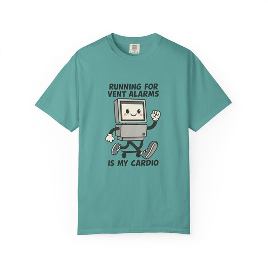 Funny Respiratory Graphic Tee: 'Running for Vent Alarms is My Cardio' T-shirt, Unisex Casual Wear, Gift for Programmers, Tech Workers, Humor Shirt