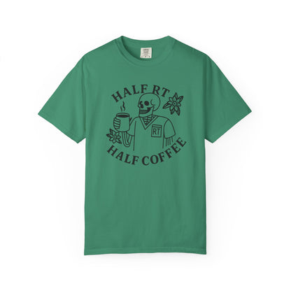 Half Coffee Half RT Respiratory Unisex Tee, Fun Coffee Lover Shirt, Casual Everyday Wear, Unique Gift for Friends, Quirky Graphic Tee