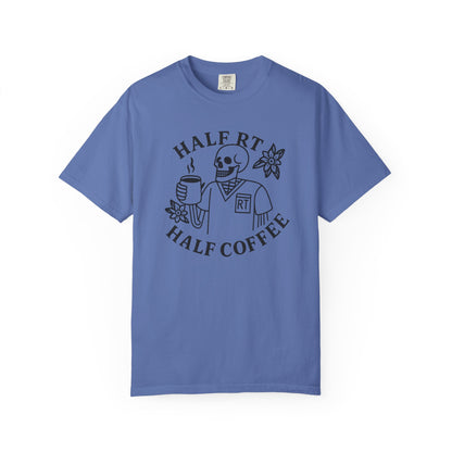 Half Coffee Half RT Respiratory Unisex Tee, Fun Coffee Lover Shirt, Casual Everyday Wear, Unique Gift for Friends, Quirky Graphic Tee